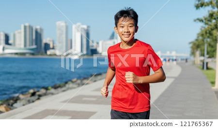Energetic asian teen boy running by urban waterfront for fitness and wellbeing 121765367