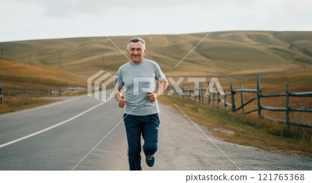 Mature caucasian man jogging on open road amidst rolling hills for fitness and wellness 121765368