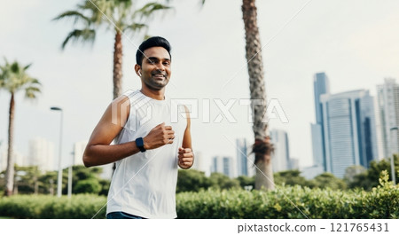 Young asian male jogger enjoying fitness run in urban park with city skyline 121765431