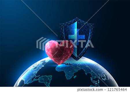 World health day protection concept featuring glowing heart and shield with cross symbol on Earth World health day protection concept featuring glowing heart and shield with cross symbol on Earth 121765464
