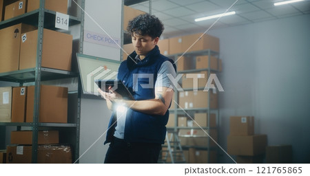 Inventory specialist gives instructions to warehouse employees, uses tablet computer Inventory specialist gives instructions to warehouse employees, uses tablet computer 121765865