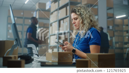 Female logistics manager scans small parcels using smartphone, works in warehouse of postal service 121765925