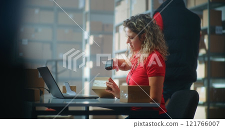Female logistics specialist scans parcels with barcode scanner, enters data on laptop 121766007