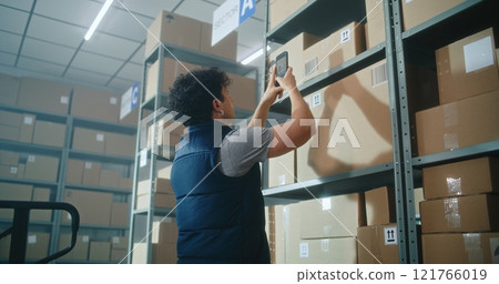 Male inventory manager scans code on parcel using smartphone, loads on pallet truck Male inventory manager scans code on parcel using smartphone, loads on pallet truck 121766019
