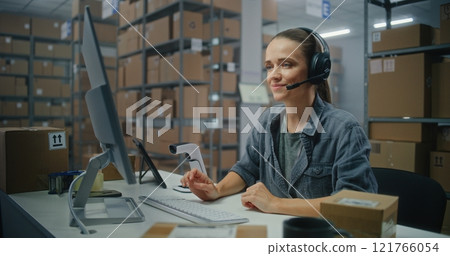 Warehouse of post office: Female customer support specialist in logistics talks by headset with client Warehouse of post office: Female customer support specialist in logistics talks by headset with client 121766054