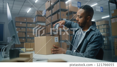 Postal service: African American logistics specialist scans parcel, uses computer 121766055