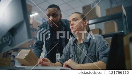 African American warehouse employee scans code on parcel. Female logistics specialist uses computer African American warehouse employee scans code on parcel. Female logistics specialist uses computer 121766110