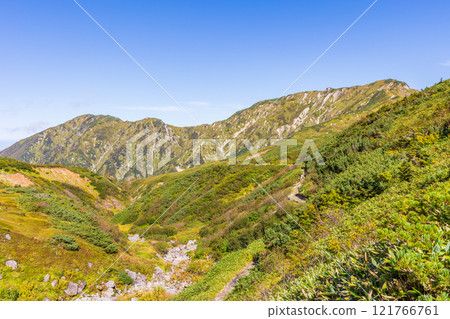 秋天的立山黑部阿爾卑斯山路線、紅葉天狗平、大日山脈 121766761