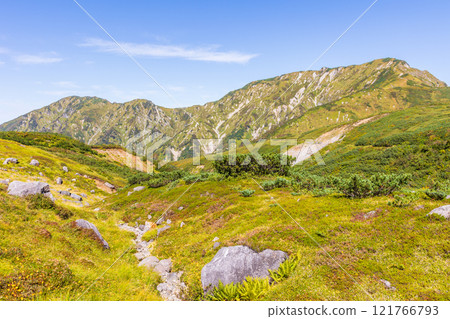 秋天的立山黑部阿爾卑斯山路線、紅葉天狗平、大日山脈 121766793