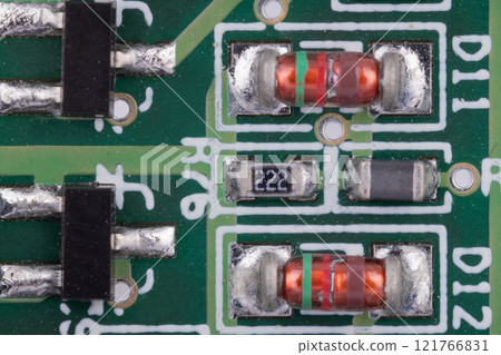 Detailed view of glass diodes on PCB Detailed view of glass diodes on PCB 121766831