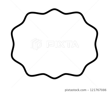 Oval frame with wavy edges. Geometric shape with scallop borders. Blank text box, speech bubble, tag or label isolated on white background. Vector outline illustration 121767086