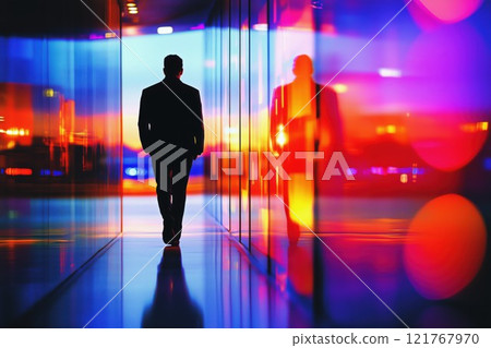 一位商人沿著高層建築的辦公走廊行走的後視圖 121767970