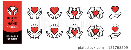 一隻手握著一顆心的插圖_一組可編輯的線條圖標 一隻手握著一顆心的插圖_一組可編輯的線條圖標 121768209