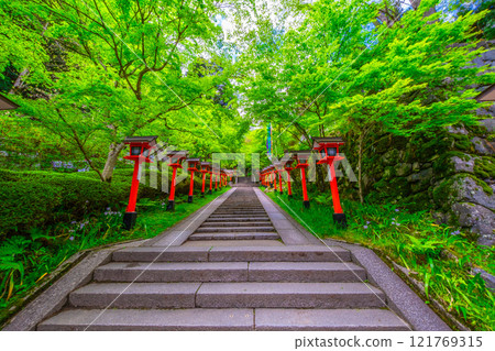 Kurama Temple's offering lanterns, fresh greenery and stone steps 121769315
