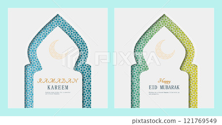 Elegant Arabic-inspired background featuring geometric patterns and a golden crescent, perfect for Islamic celebrations including Ramadan, Eid, and Hari Raya festivities. 121769549