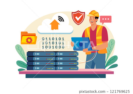 Server Maintenance Illustration concept. A flat illustration isolated on white background Server Maintenance Illustration concept. A flat illustration isolated on white background 121769625