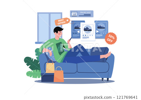 Man Shopping Online On Commerce Flatform At Home Man Shopping Online On Commerce Flatform At Home 121769641