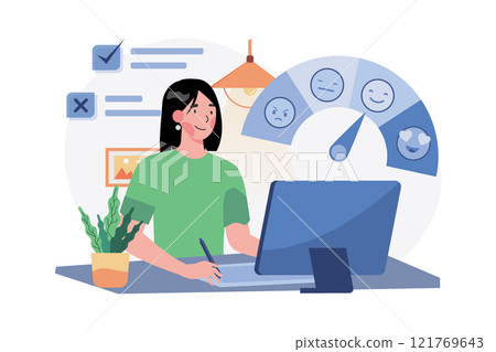 Woman Pressing Smiley Face Emoticon Online To Service Rating. 121769643