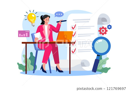 Female employee working on the tasklist Female employee working on the tasklist 121769697
