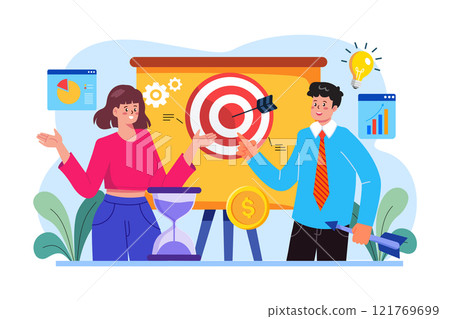 Male and female employee working on goal Male and female employee working on goal 121769699