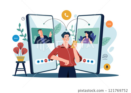 Friends Chatting Together On Social Media On Smartphones. Friends Chatting Together On Social Media On Smartphones. 121769752