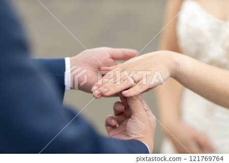 A bride and groom brushing hands 121769764