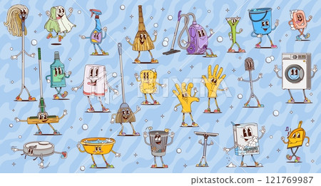 Cartoon housekeeping and cleaning groovy characters. Retro psychedelic household supplies vector personages of cute bucket and window cleaner spray, funky hippie soap, vintage brush, mop and broom Cartoon housekeeping and cleaning groovy characters. Retro psychedelic household supplies vector personages of cute bucket and window cleaner spray, funky hippie soap, vintage brush, mop and broom 121769987