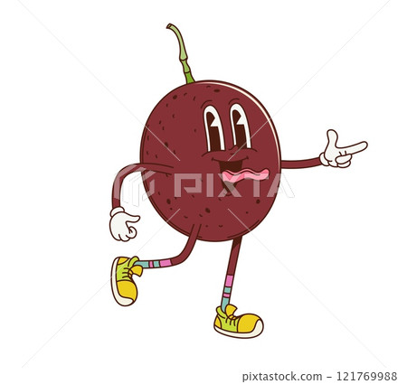 Cartoon retro groovy passion fruit character. Isolated vector funky tropical food personage joyfully teasing and flashing finger gun gesture with sticking tongue radiating playful energetic vibe Cartoon retro groovy passion fruit character. Isolated vector funky tropical food personage joyfully teasing and flashing finger gun gesture with sticking tongue radiating playful energetic vibe 121769988