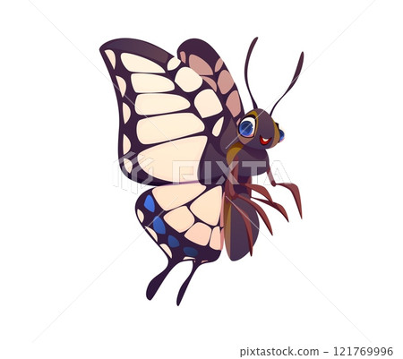 Cartoon funny swallowtail butterfly insect character with colorful, patterned wings and an endearing smile. Isolated vector cheerful butterfly personage with large, detailed wings and happy expression Cartoon funny swallowtail butterfly insect character with colorful, patterned wings and an endearing smile. Isolated vector cheerful butterfly personage with large, detailed wings and happy expression 121769996