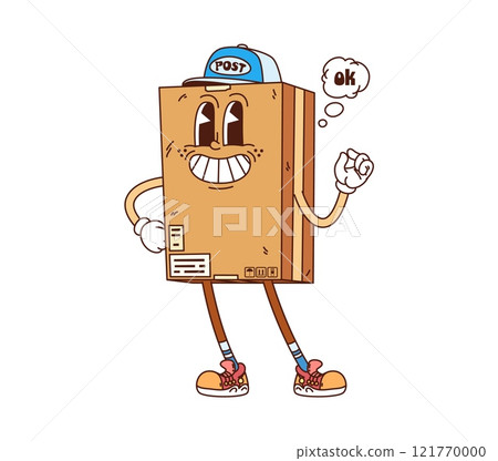 Cartoon groovy delivery cardboard box courier character. Vector package in postman worker cap. Isolated parcel, smiling cargo pack, friendly personage for mail or post shipping service with ok sign Cartoon groovy delivery cardboard box courier character. Vector package in postman worker cap. Isolated parcel, smiling cargo pack, friendly personage for mail or post shipping service with ok sign 121770000