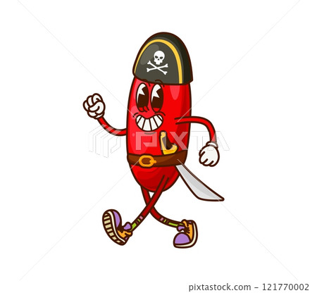 Groovy barberry berry character adorned with a pirate hat and sword, sports retro sneakers and a big grin, ready for adventure. Cartoon vector juicy, happy smiling captain, sailor, buccaneer personage 121770002