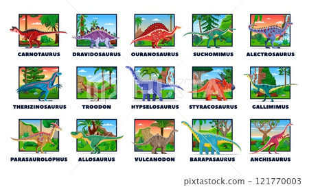Prehistoric dinosaur characters and cartoon Jurassic lizards collection, vector funny dino species. Prehistoric dinosaurs and giant reptiles with name, Jurassic or Cretaceous era dino lizards for kids Prehistoric dinosaur characters and cartoon Jurassic lizards collection, vector funny dino species. Prehistoric dinosaurs and giant reptiles with name, Jurassic or Cretaceous era dino lizards for kids 121770003
