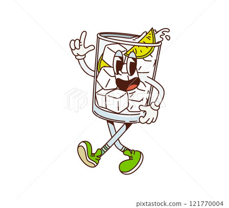 Cartoon retro groovy gin and tonic character. Isolated vector lively glass filled with ice cubes, lime slices, and splashing liquid, dancing with excitement. Funky alcohol drink personage exuding fun Cartoon retro groovy gin and tonic character. Isolated vector lively glass filled with ice cubes, lime slices, and splashing liquid, dancing with excitement. Funky alcohol drink personage exuding fun 121770004