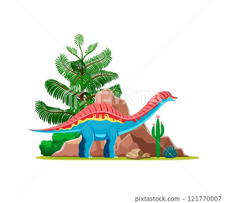 Amargasaurus cartoon prehistoric dinosaur character in a lush, vibrant landscape with tree and rocky terrain. Isolated vector colorful herbivore dino with red and blue coloration and spiked back 121770007