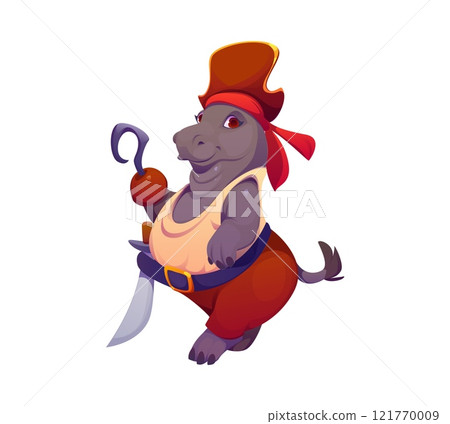 Cartoon funny hippo pirate animal character clad in tricorn hat and grinning broadly. Isolated vector hippopotamus personage with a hook hand and sword exudes a jovial, adventurous revelry spirit 121770009