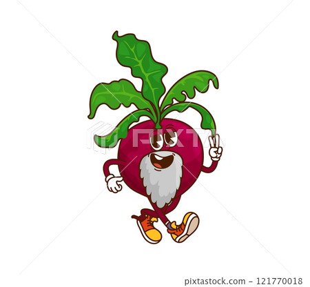 Cartoon groovy beetroot Halloween wizard vegetable character. Isolated vector whimsical beet magician personage struts with a playful smile, sporting a gray beard and sneakers, displays a peace sign Cartoon groovy beetroot Halloween wizard vegetable character. Isolated vector whimsical beet magician personage struts with a playful smile, sporting a gray beard and sneakers, displays a peace sign 121770018