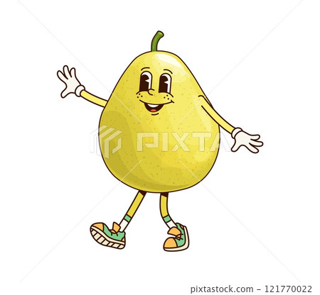Groovy tropical pomelo fruit character. Isolated cartoon vector cheerful food personage with expressive eyes, smiling face and retro sneakers, exuding healthy hippie fun, and playful summer vibes 121770022