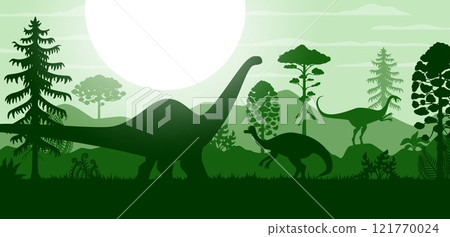Prehistoric dinosaurs and trees silhouettes. Jurassic dino animals and reptiles vector background with silhouettes of brontosaurus, elmisaurus and jaxartosaurus, prehistoric forest, mountains, trees 121770024