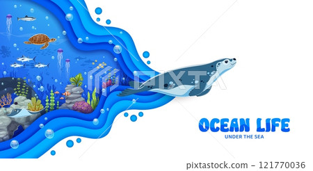 Paper cut underwater landscape with sea animals, fish and seaweed. Vector 3d paper cut layered wave with cartoon fur seal, jellyfish and mackerel, sea turtle, stingray and urchin characters 121770036