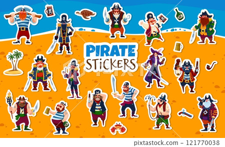 Cartoon pirate and corsair characters stickers. Vector patches with funny rovers. Captain, sailor, boatswain and swashbuckler with female pirate queen on secret island sandy beach with palm trees 121770038