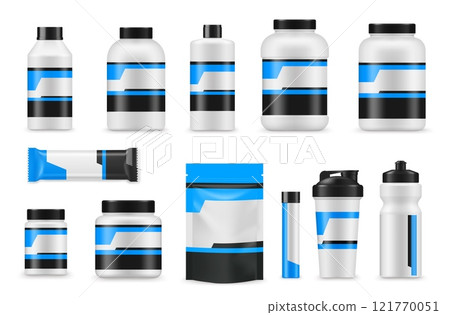 Sport nutrition and protein supplement package mockups, realistic vector. Sport nutrition and fitness food plastic jars and package mockups or protein bar and drinking bottle with vitamins container 121770051