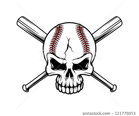 Baseball skull with crossed bats for sport club or team league badge, vector emblem. Skeleton skull as baseball ball with cracks and crossbones of bats for varsity team or college league club mascot 121770053