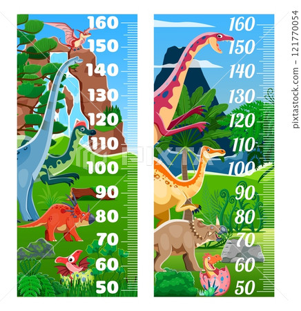 Kids height chart ruler with funny dinosaurs against a lush tropical forest background. Cartoon vector growth measurement scale for children rooms, showcases playful prehistoric dino creatures 121770054
