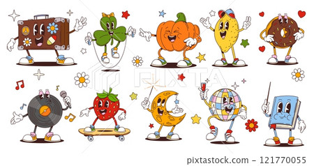 Retro cartoon groovy characters and comic funny emoji, vector funny funky personages. Groovy pumpkin and donut dessert with disco ball and strawberry hipster on skateboard and happy 70s vinyl disc 121770055