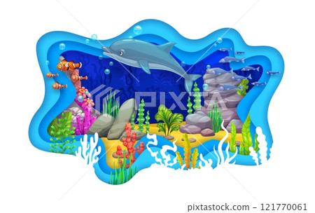 Paper cut underwater landscape with dolphin and fish shoals. Cartoon sea animals in vector 3d frame of paper cut wavy layers at tropical coral reef bottom underwater landscape background with seaweeds Paper cut underwater landscape with dolphin and fish shoals. Cartoon sea animals in vector 3d frame of paper cut wavy layers at tropical coral reef bottom underwater landscape background with seaweeds 121770061