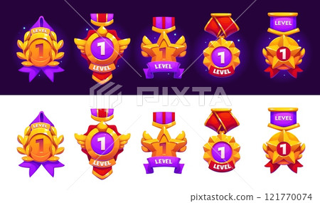 Game rank level up badge icons, victory shields asset. Cartoon vector reward, user rate trophies signify progression and achievement, victory and success in gaming. Gui pop up elements for mobile apps Game rank level up badge icons, victory shields asset. Cartoon vector reward, user rate trophies signify progression and achievement, victory and success in gaming. Gui pop up elements for mobile apps 121770074