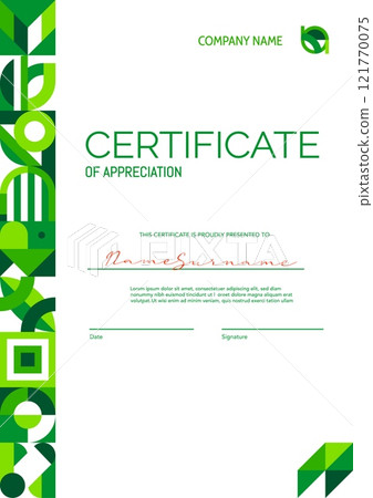 Environment ecology theme, certificate of appreciation template with green abstract modern geometric pattern border line. Vector diploma, award or gift certificate vertical template with eco mosaic 121770075