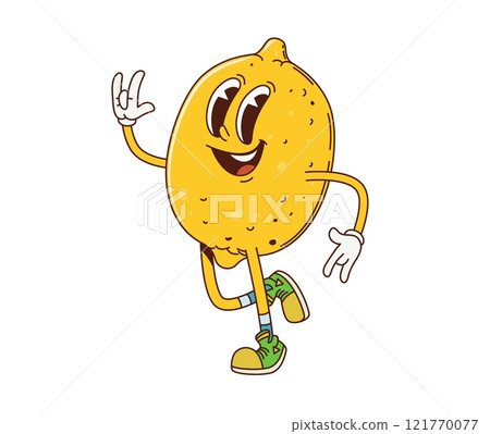 Groovy lemon fruit character in retro cartoon with funny face, vector comic emoji. Groovy lemon with funky happy smile and ILY or I Love You sign gesture in hipster shoes for retro cartoon character 121770077