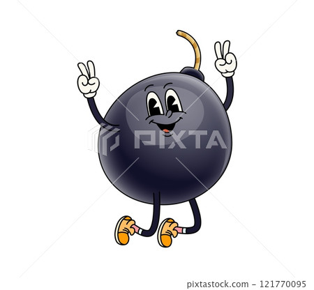 Groovy bomb character in retro cartoon as comic funny personage, vector emoji. Groovy bomb with happy face or explosive TNT cannonball with cute smile jumping in joy with hippie peace sign gesture 121770095