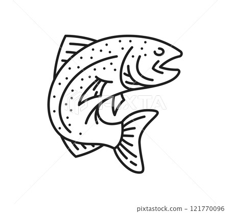 Salmon fish meat thin line icon. Ocean fresh fish, sushi or sashimi product outline symbol, tuna raw meat or seafood cooking culinary ingredient line icon or pictogram with salmon jumping out of water Salmon fish meat thin line icon. Ocean fresh fish, sushi or sashimi product outline symbol, tuna raw meat or seafood cooking culinary ingredient line icon or pictogram with salmon jumping out of water 121770096